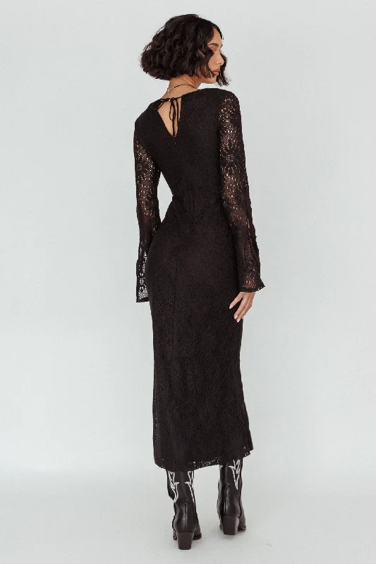 Kalia Long Sleeve Lace Midi Dress Black