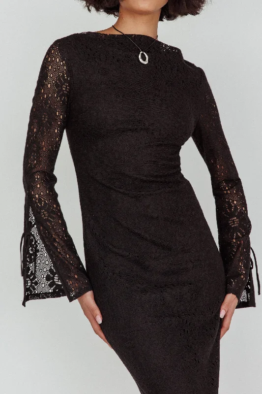 Kalia Long Sleeve Lace Midi Dress Black