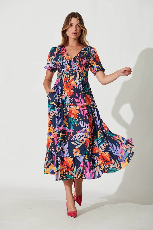 Kami Maxi Dress In Navy With Bright Leaf Print