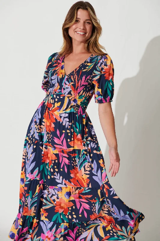 Kami Maxi Dress In Navy With Bright Leaf Print