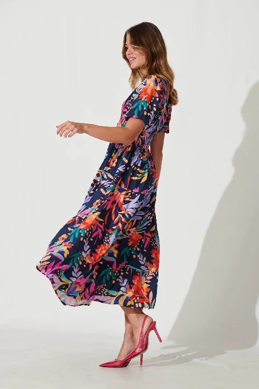 Kami Maxi Dress In Navy With Bright Leaf Print