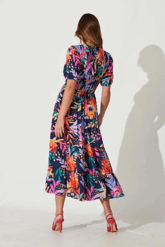 Kami Maxi Dress In Navy With Bright Leaf Print