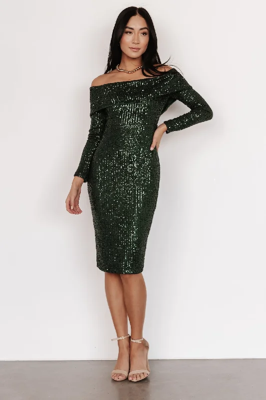 Karma Off Shoulder Sequin Midi Dress | Dark Green