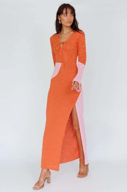 Karsen Long Sleeve Crochet Maxi Dress Orange