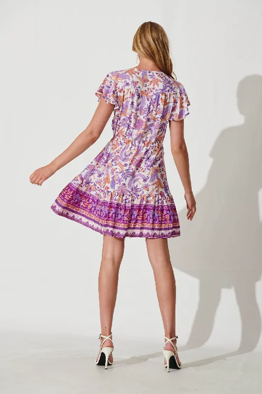 Kimbra Smock Dress  In White With Purple Multi Border Print