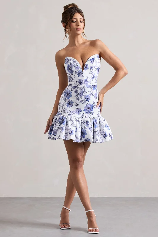 Koko | Floral Print Sweetheart Mini Dress With Ruffle Hem