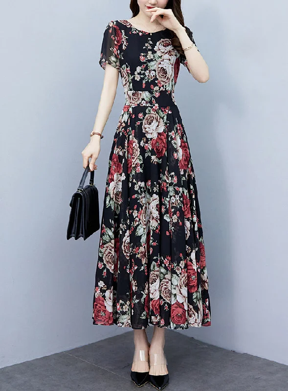 Ladies Slimming Long dress with waist and short sleeves