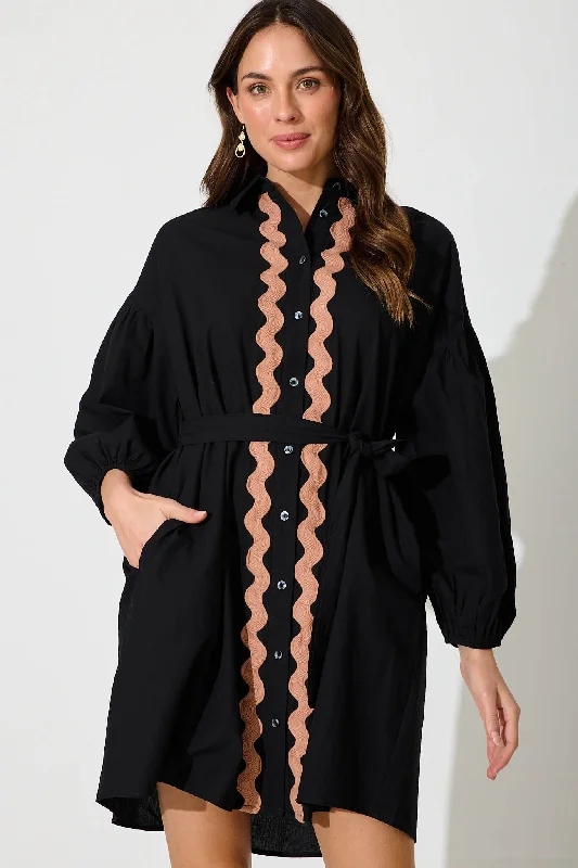 Lainey Shirt Dress In Black Cotton With Ric Rac Trim