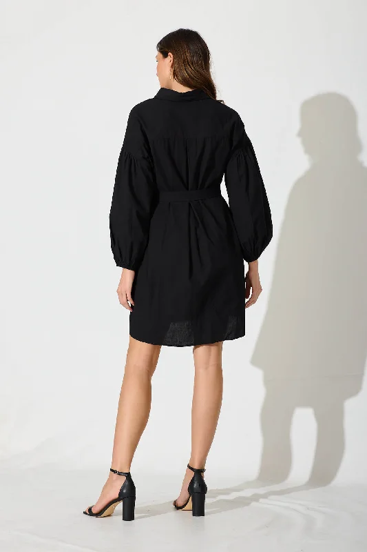 Lainey Shirt Dress In Black Cotton With Ric Rac Trim