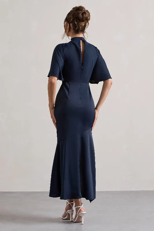 Lavinia | Navy High-Neck Flutter-Sleeve Asymmetric Maxi Dress