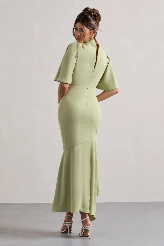 Lavinia | Sage High-Neck Flutter-Sleeve Asymmetric Maxi Dress