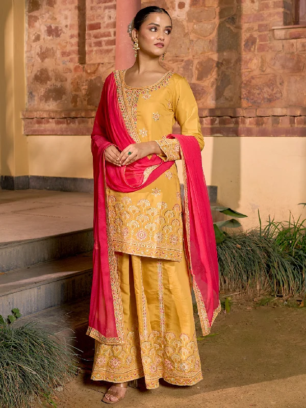 Libas Art Yellow Embroidered Silk Blend Straight Suit With Dupatta