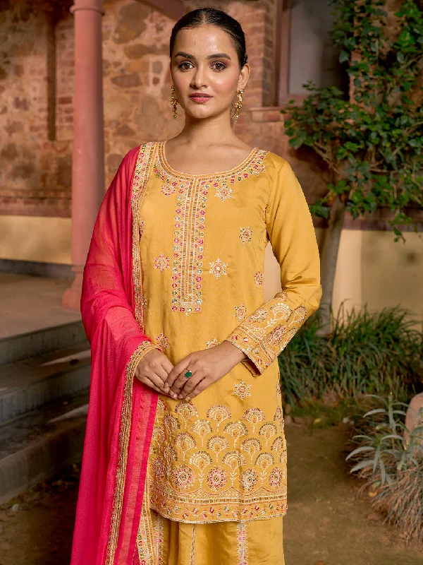 Libas Art Yellow Embroidered Silk Blend Straight Suit With Dupatta