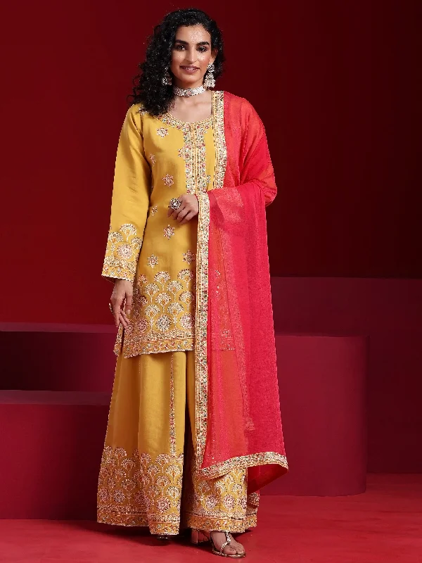 Libas Art Yellow Embroidered Silk Blend Straight Suit With Dupatta