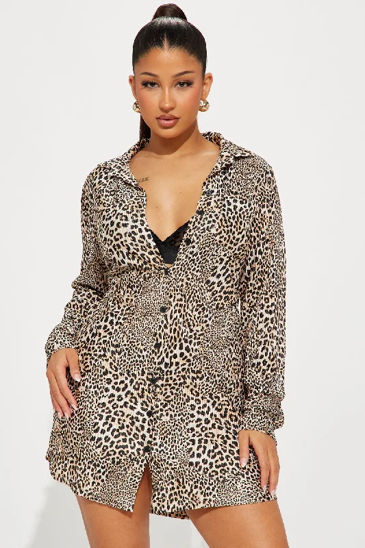 Lisa Plisse Leopard Shirt Dress - Brown/combo