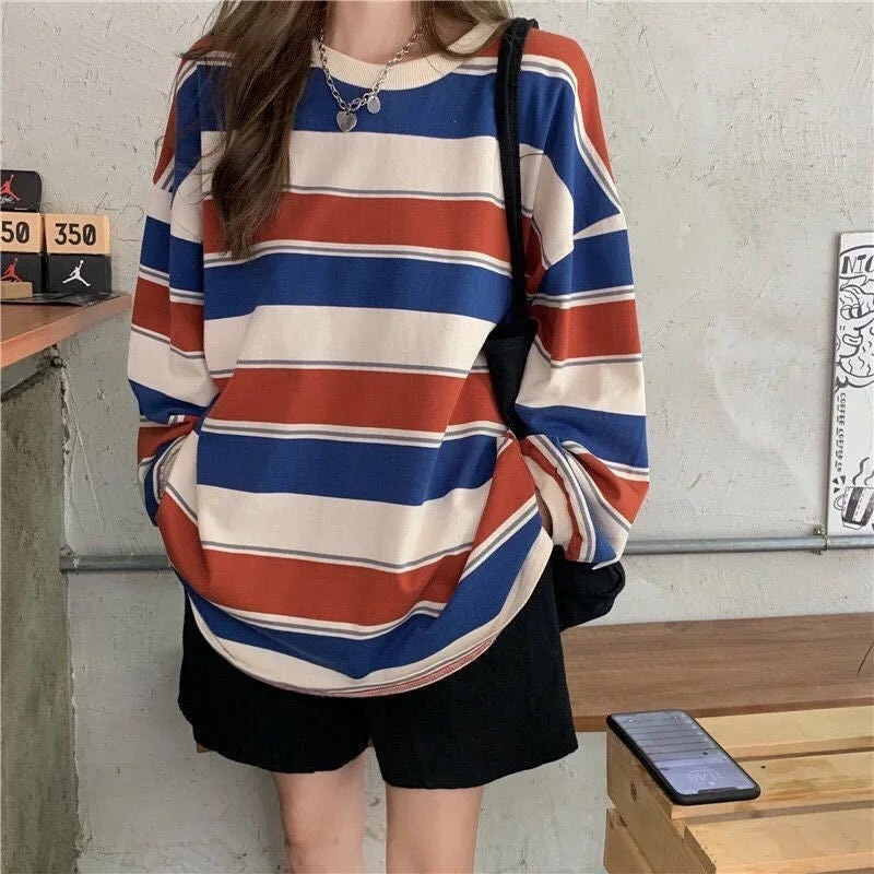 Flytonn-Graduation gift, dressing for the Coachella Valley Music Festival,Long Sleeve Colors Striped Casual Sweatshirt