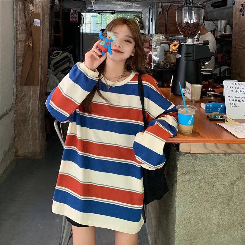 Flytonn-Graduation gift, dressing for the Coachella Valley Music Festival,Long Sleeve Colors Striped Casual Sweatshirt