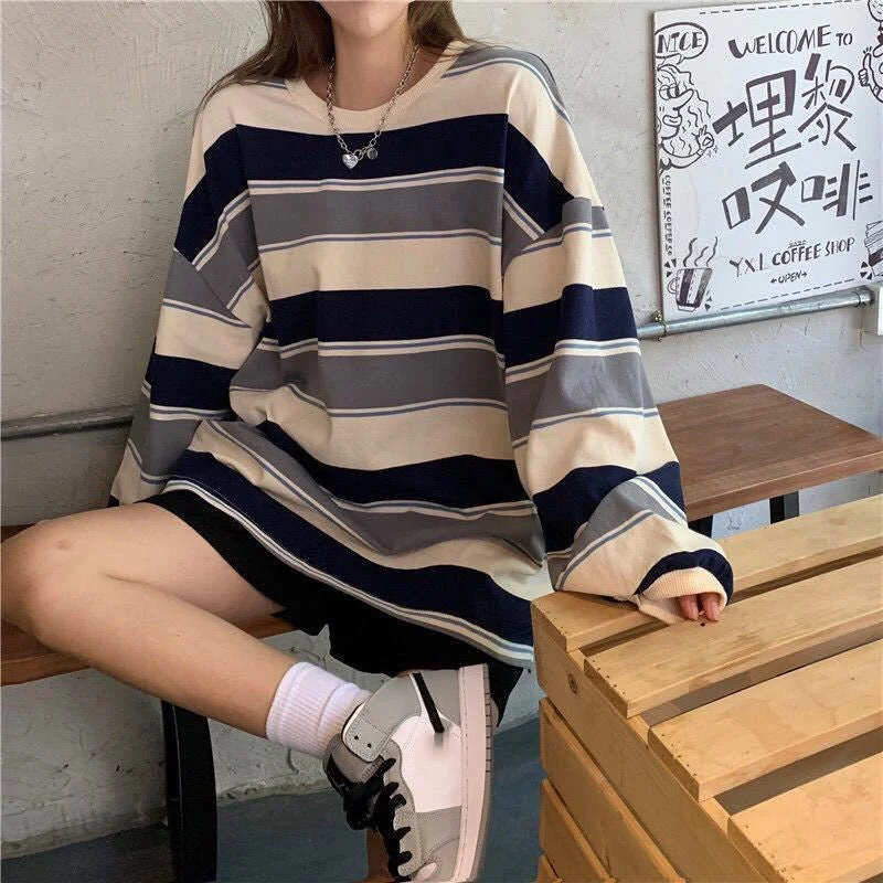 Flytonn-Graduation gift, dressing for the Coachella Valley Music Festival,Long Sleeve Colors Striped Casual Sweatshirt