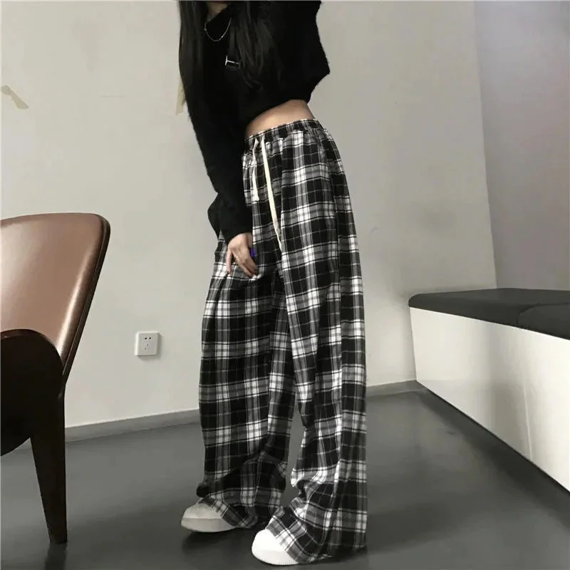 Flytonn-Graduation gift, dressing for the Coachella Valley Music Festival,Loose Wide Leg Black And White Plaid Pants