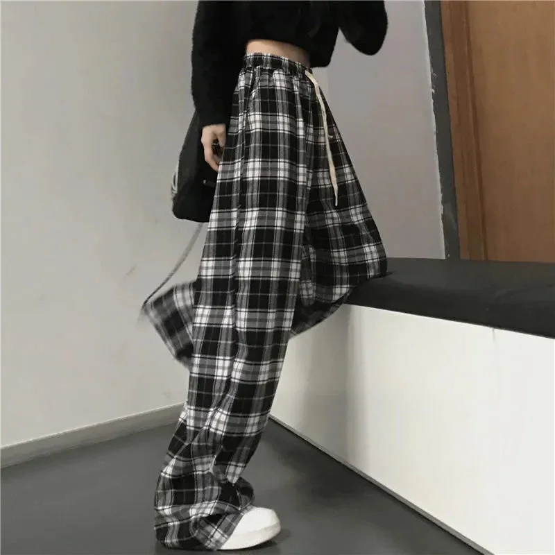 Flytonn-Graduation gift, dressing for the Coachella Valley Music Festival,Loose Wide Leg Black And White Plaid Pants