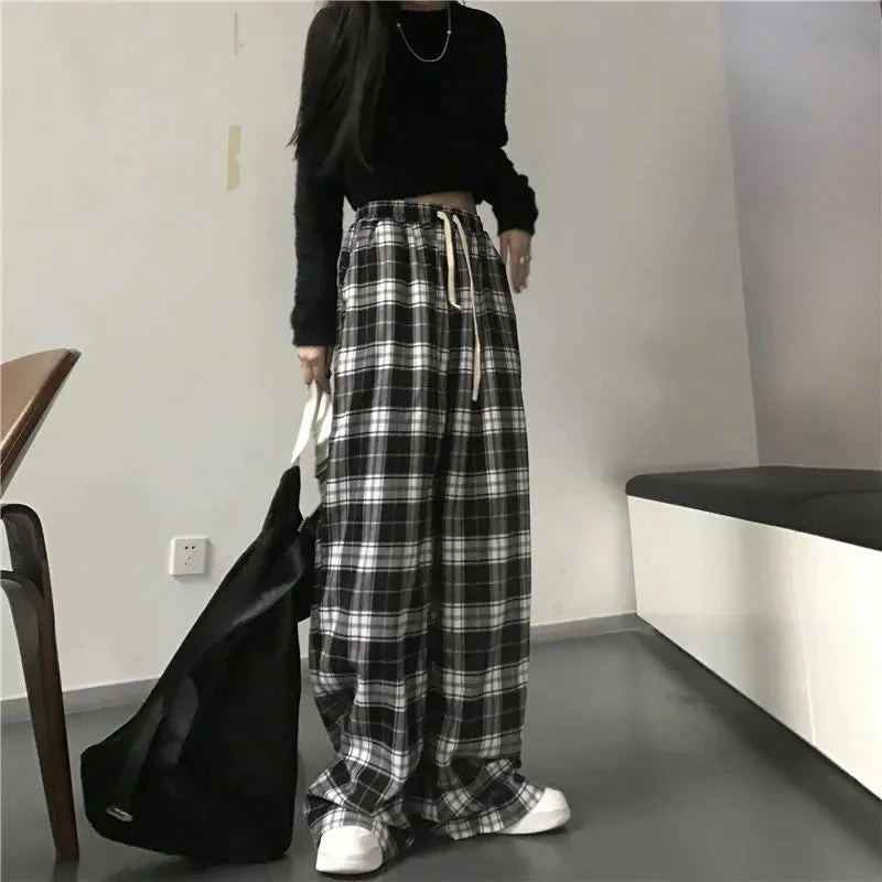 Flytonn-Graduation gift, dressing for the Coachella Valley Music Festival,Loose Wide Leg Black And White Plaid Pants