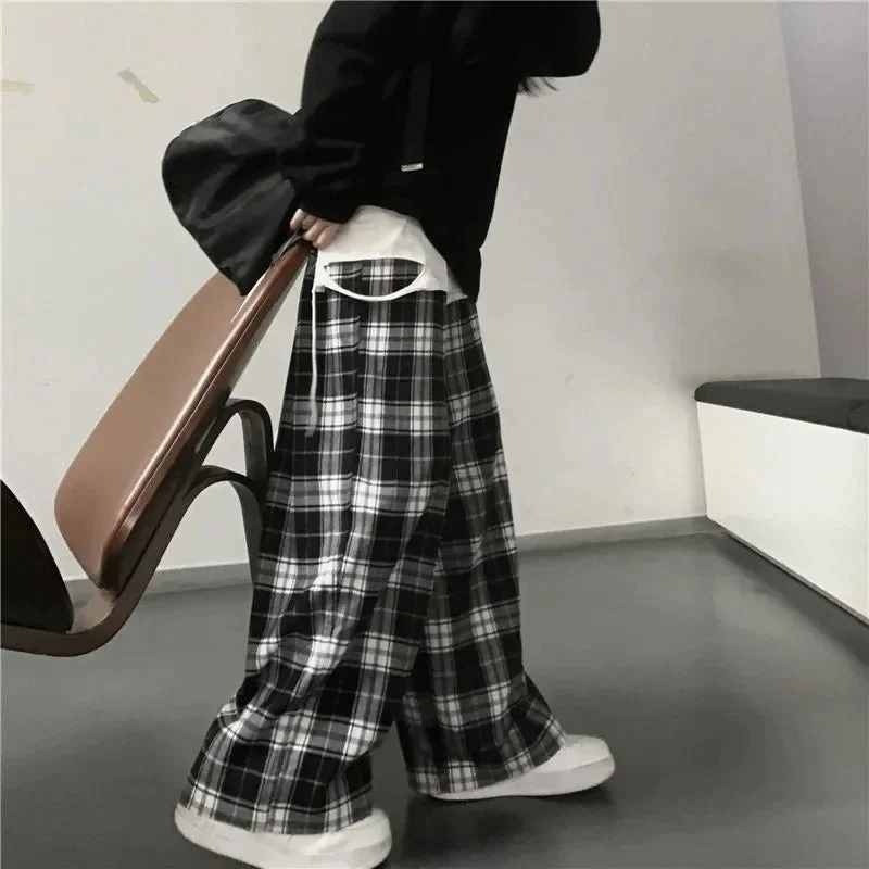 Flytonn-Graduation gift, dressing for the Coachella Valley Music Festival,Loose Wide Leg Black And White Plaid Pants