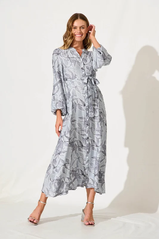 Lorie Maxi Shirt Dress In Grey Leaf Print Cotton Blend