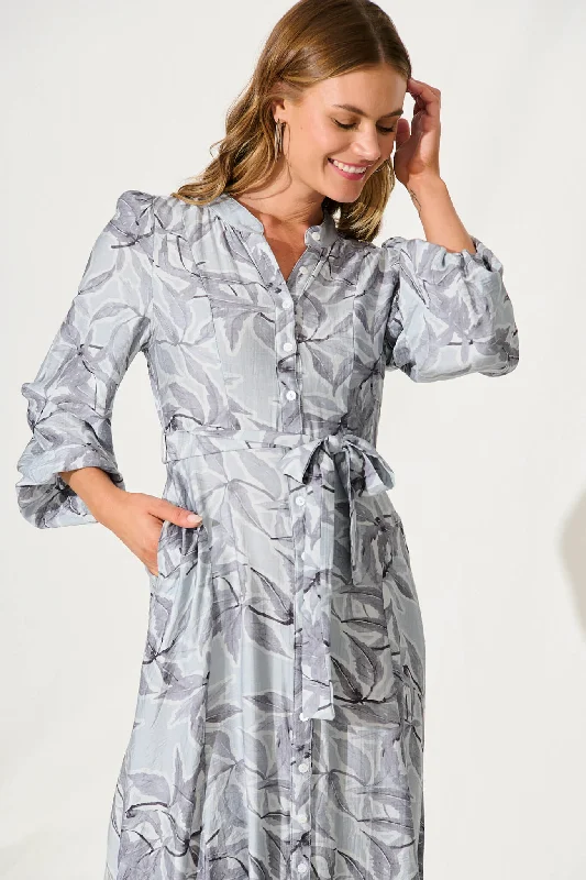 Lorie Maxi Shirt Dress In Grey Leaf Print Cotton Blend