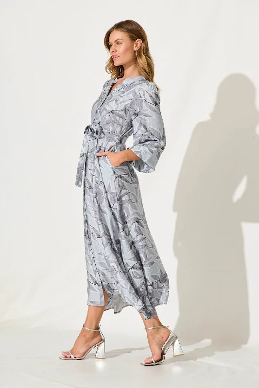 Lorie Maxi Shirt Dress In Grey Leaf Print Cotton Blend