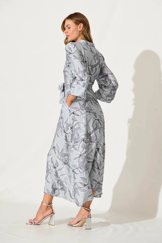 Lorie Maxi Shirt Dress In Grey Leaf Print Cotton Blend