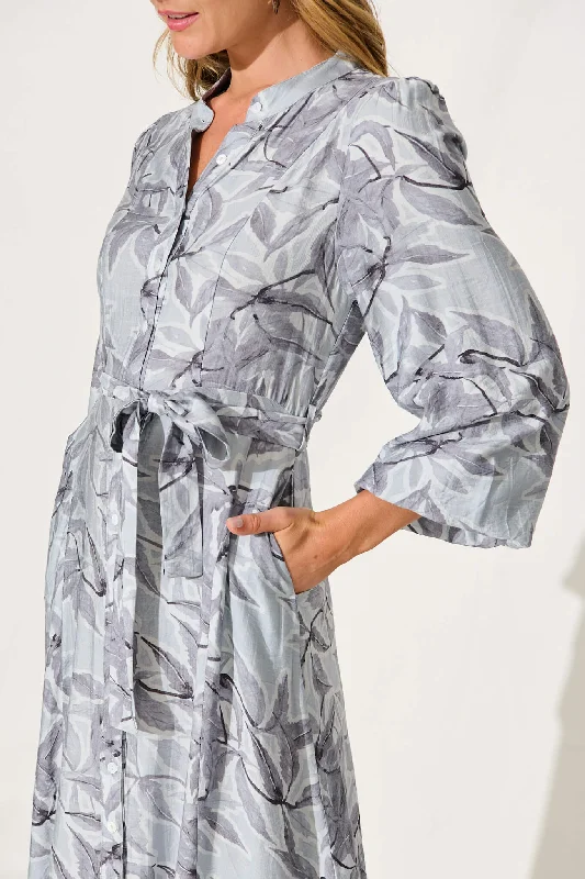 Lorie Maxi Shirt Dress In Grey Leaf Print Cotton Blend