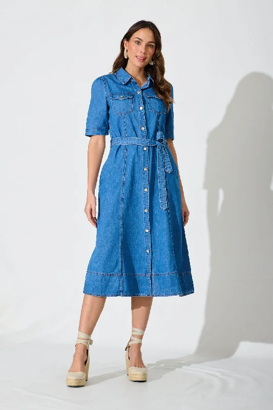 Loveland Midi Dress In Mid Blue Denim