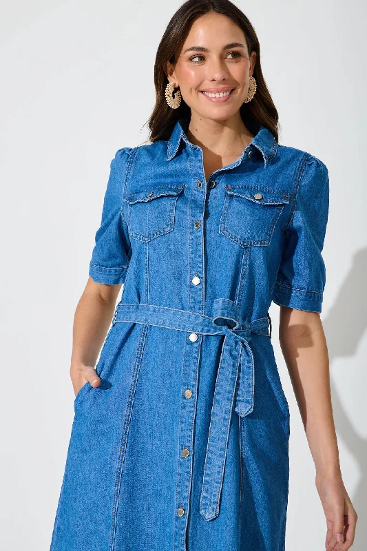 Loveland Midi Dress In Mid Blue Denim