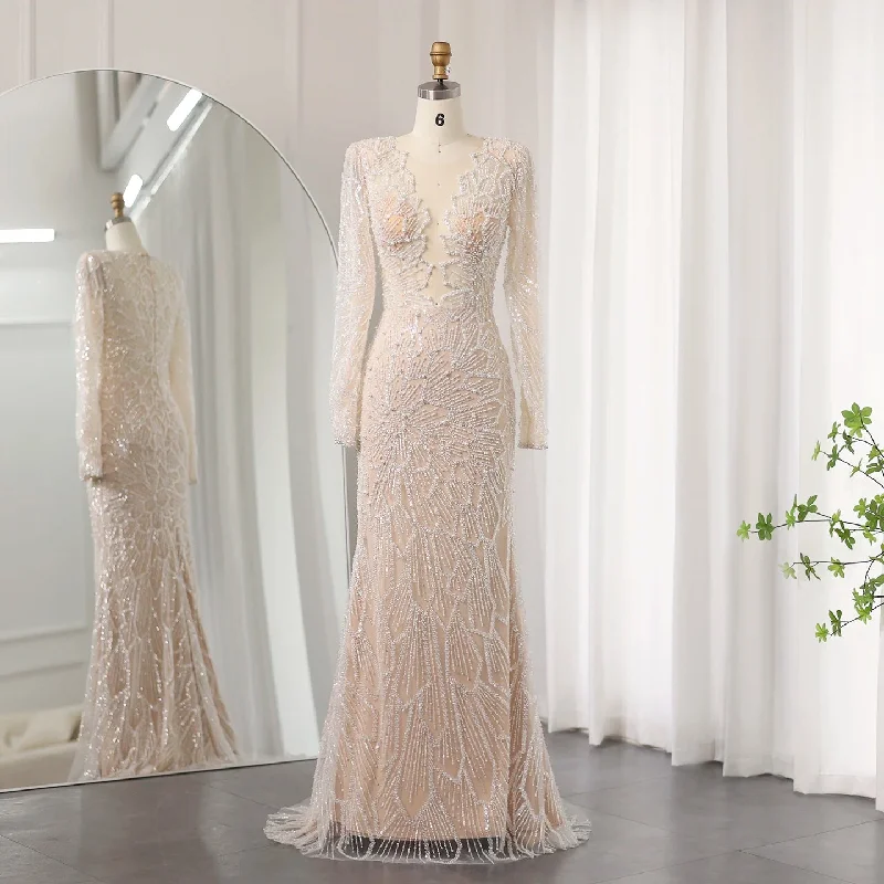 Luxury Beige Mermaid Dubai Evening Dress 2024 For Women Wedding Long Sleeves Arabic Bridal Prom Party Gowns Sz459