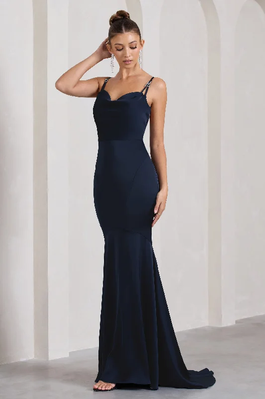 Made With Love | Navy Satin Strappy Fishtail Maxi Dress