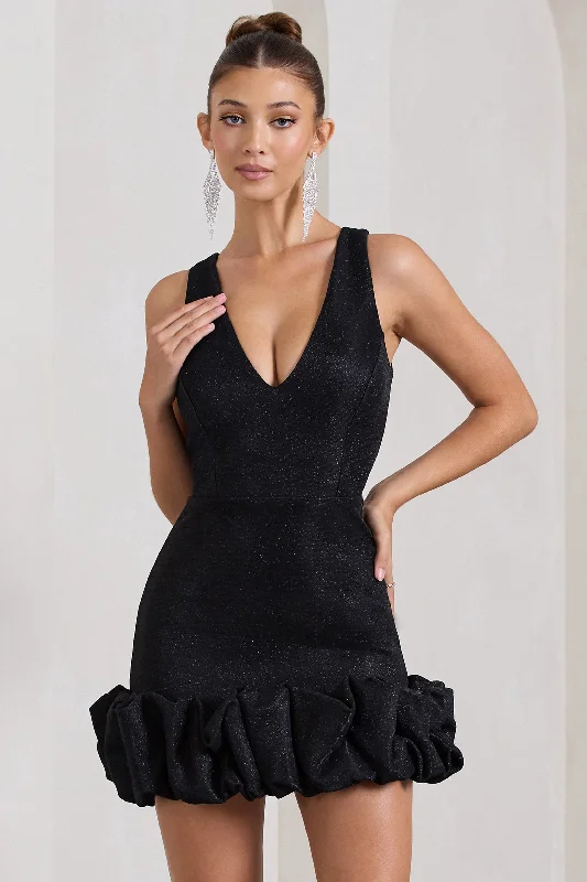 Main Present | Black Glittered V-Neck Mini Dress With Ruffle Trim