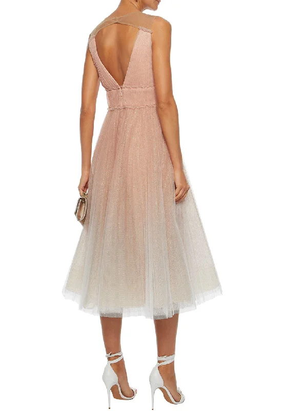 Pink Sleeveless Ombre Pleated Tulle Midi Tea Dress