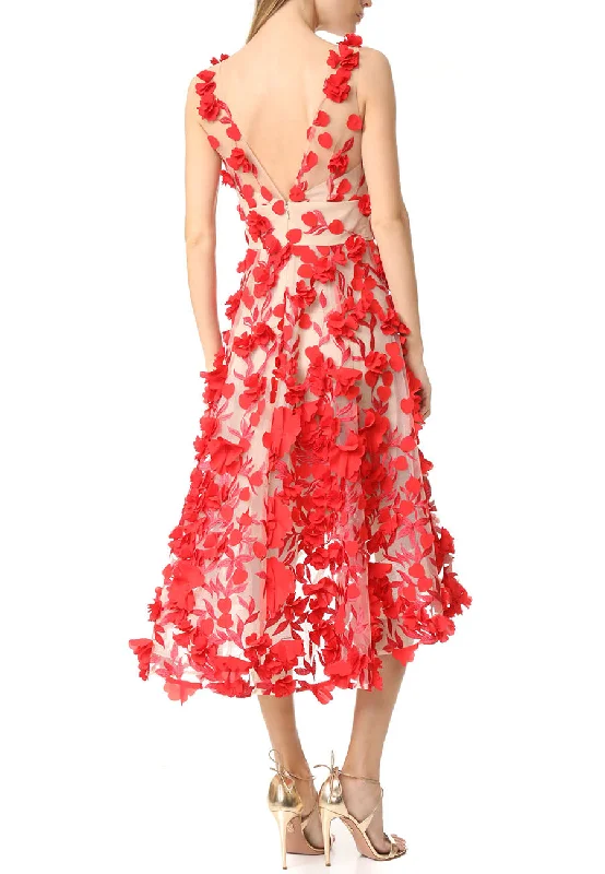 Red AppliquǸ Flowers Structured Tulle Midi Dress