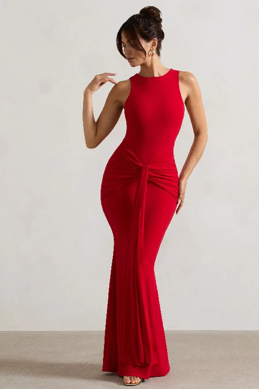 Maren | Red Racer-Neck Gathered Maxi Dress With Drape