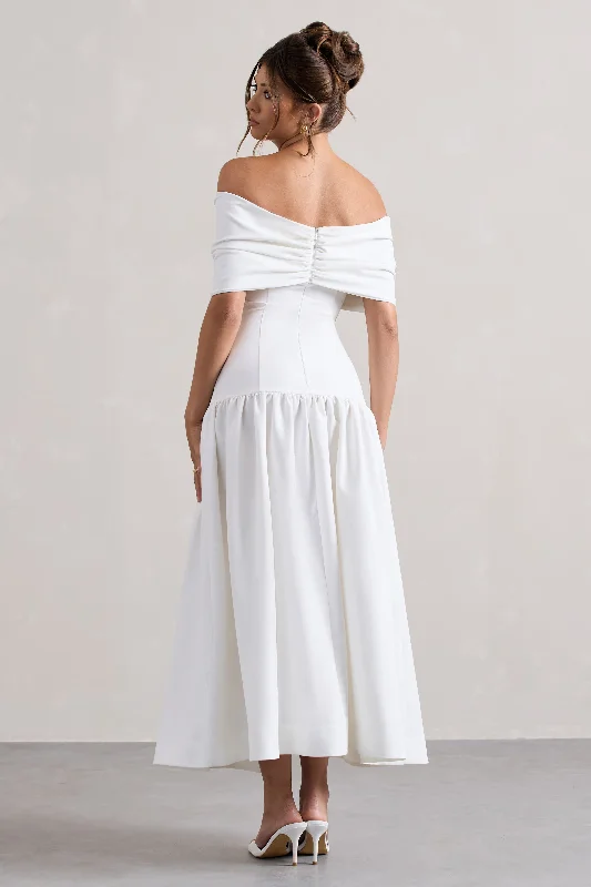 Marguerite | White Twisted Bardot Drop-Waist Maxi Dress