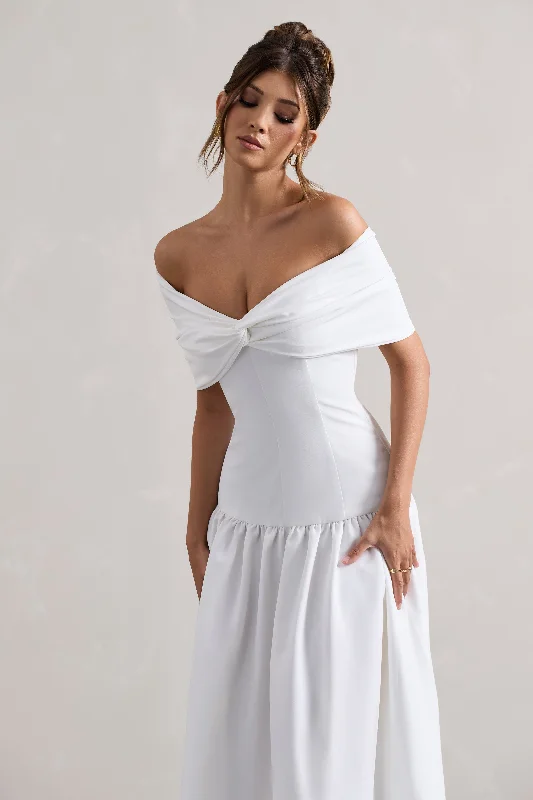 Marguerite | White Twisted Bardot Drop-Waist Maxi Dress