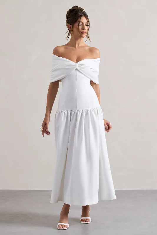 Marguerite | White Twisted Bardot Drop-Waist Maxi Dress