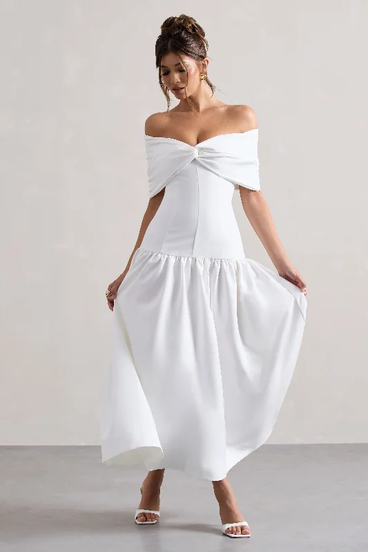 Marguerite | White Twisted Bardot Drop-Waist Maxi Dress