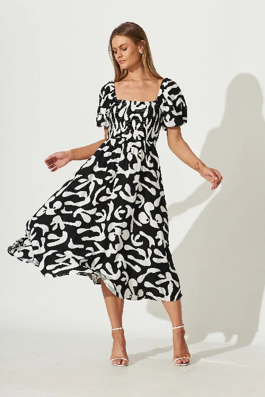 Mariam Midi Dress In Black With White Print