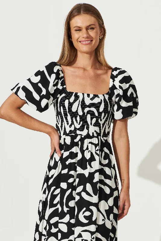 Mariam Midi Dress In Black With White Print