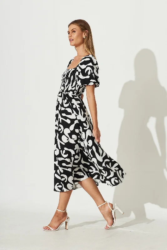 Mariam Midi Dress In Black With White Print