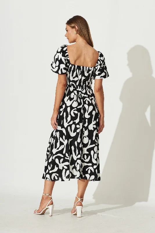 Mariam Midi Dress In Black With White Print