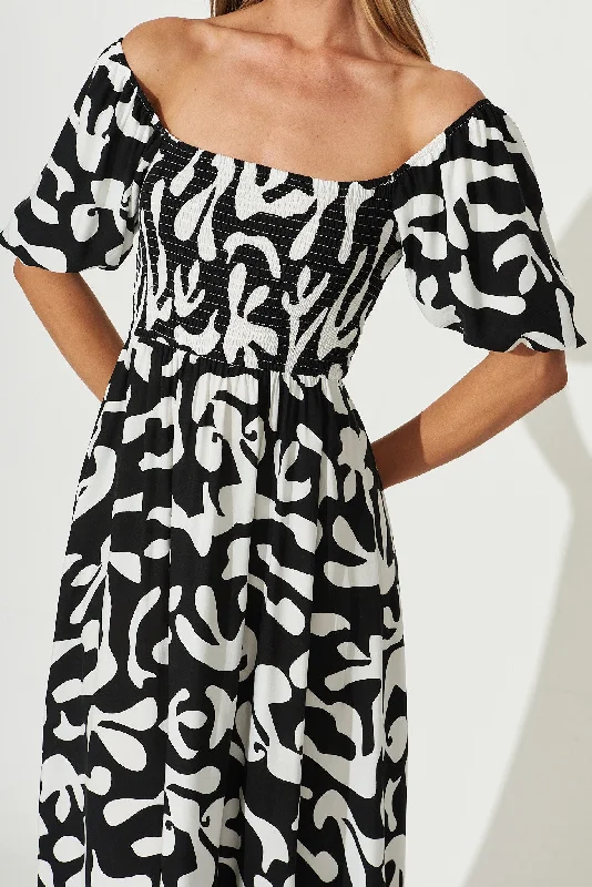 Mariam Midi Dress In Black With White Print