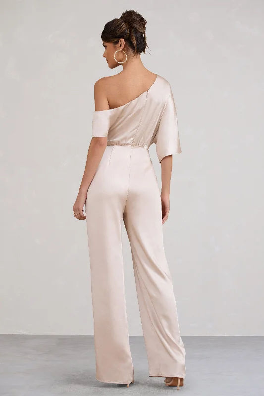 Marvellous | Champagne Satin Asymmetric Flared-Leg Jumpsuit