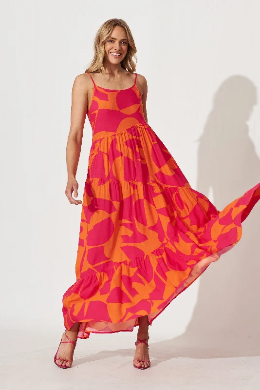 Matilda Maxi Sundress In Tangerine With Pink Print